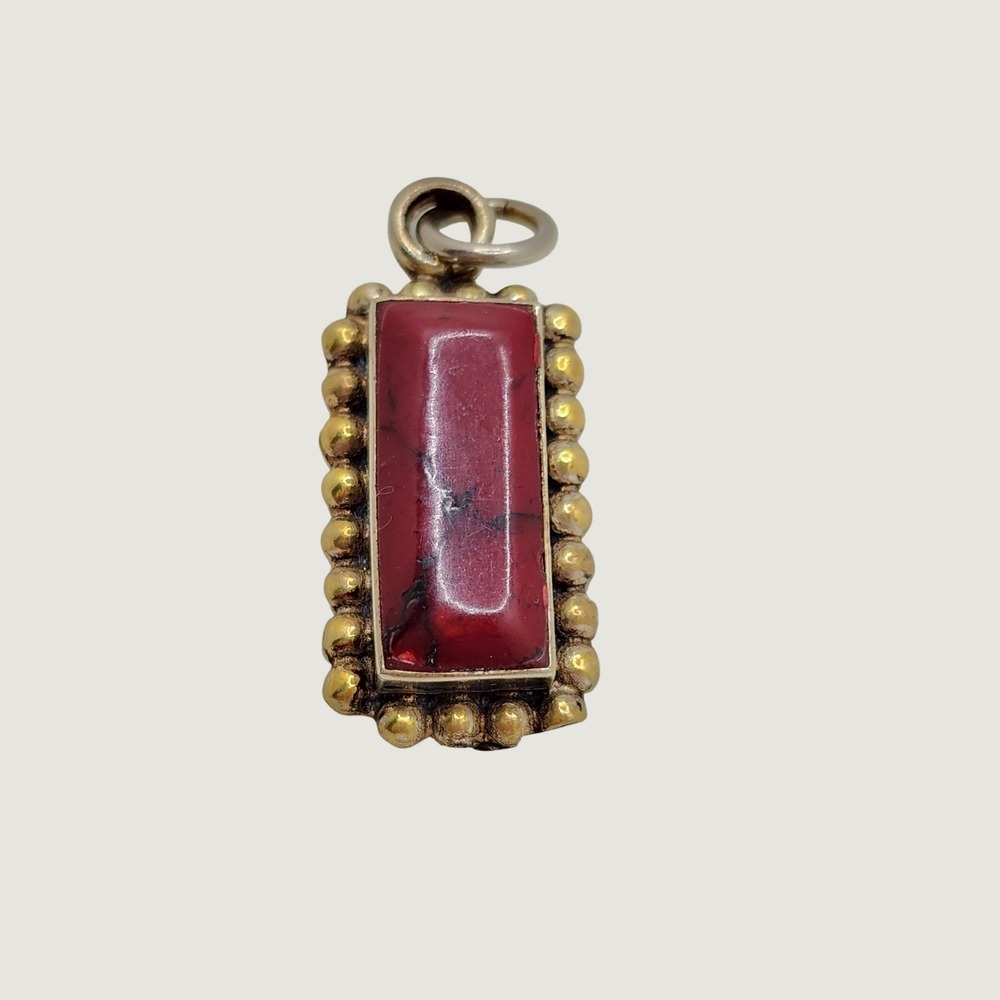 Vintage Mexico 925 Sterling Silver Red Rectangle Beaded Pendant Southwestern